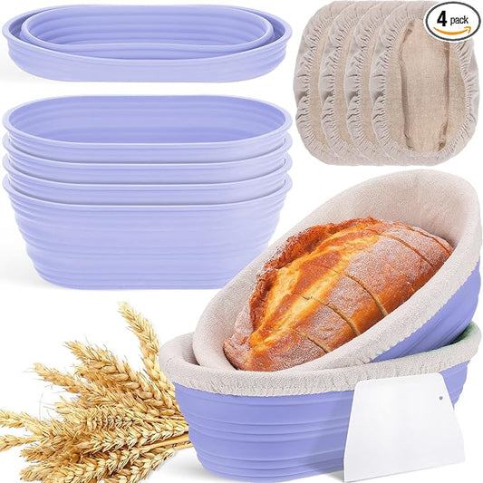 Nuogo 4 Pack Oval Bread Proofing Basket Silicone 10 Inch Collapsible Sourdough Bread Baking Supplies Dough Proofing Bowl with 4 Pcs Dough Scraper and 4 Pcs Basket Covers(Purple)