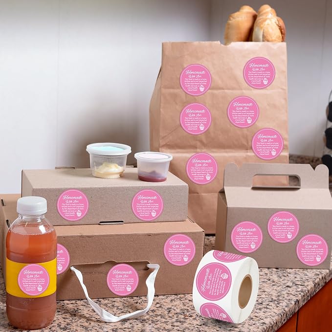 PANTIDE Cottage Food Law Labels Stickers - 500 Count Homemade with Love Adhesive Round Decal Roll, Made in A Home Kitchen Inspection Statement Thermal Printed for Food Packaging (2 x 2 Inch, Pink)