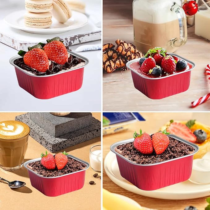 50 Pcs Mini Square Baking Cups with Lids,5oz Aluminum Foil Mini Cake Pans with Lids,Disposable Ramekins Cake Pans,150ml Dessert Cups Cupcake Pans for Wedding Birthday Party,Red