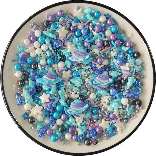 Edible Space Themed Big Planet Rocket Sugar Sprinkles Spacecraft Dessert sprinkles Star Cake Cupcake Toppers Pearls cookie decorations for cake Decorating, 3.35 Ounce(Blue)