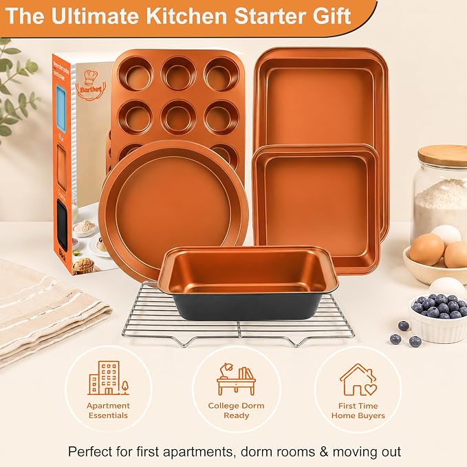 Baking Pans Set 6-Pieces, Non Stick Bakeware Sets Stackable, with Rectangular Baking Pan, Muffin Pan, Round/Square Cake Pan, Loaf Pan, Cooling Rack, Oven Mitt for Home Baker, Gold