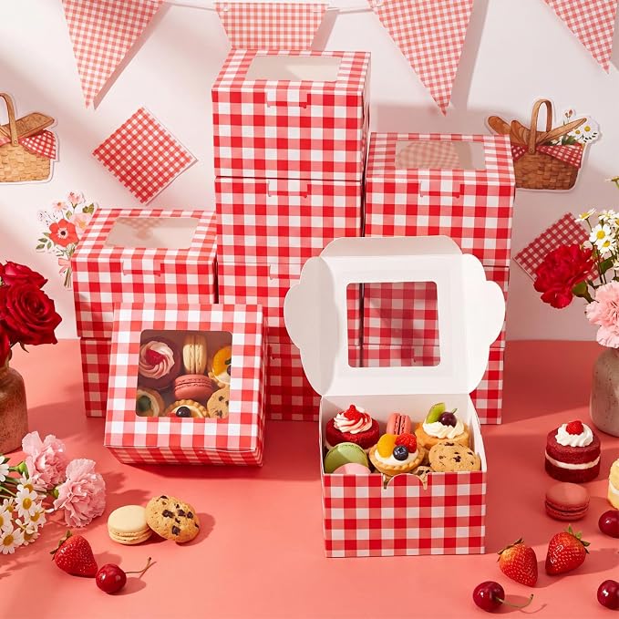 50 Pack Red Gingham Cookie Boxes with Window, Small Plaid Bakery Treat Boxes for Pastry Donuts Macaroon Cupcakes, Wedding Bridal Baby Shower Birthday Party Favors