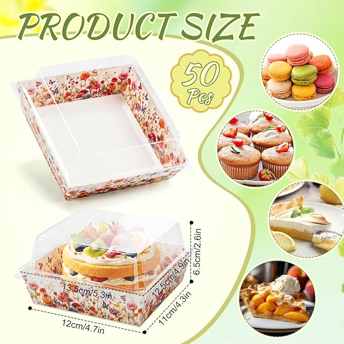 Potchen 50 Pack Bakery Boxes with Clear Lids, Disposable Charcuterie Treat Boxes for Cookies, Donuts, Cupcakes, Candy and Mini Cake, Party Favor for Wedding and Gift Giving (Wildflowers)