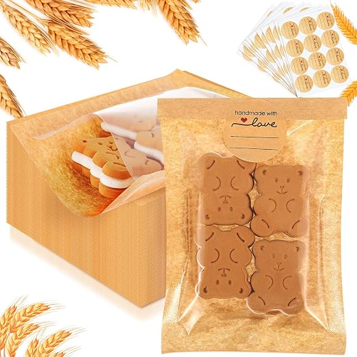 Outus 50 Pcs Cookie Packaging Bags with Seal, 4 x 6 Inch Bakery Pastry Bags with Window, Heat Sealable Grease Resistant Paper to Go Bake Sleeves for Gift Giving Donut Bread Sandwich (Brown)