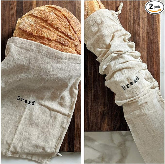 Combo Set of One 12"x15" Boule and One 6"x26" Baguette Farmhouse Natural Linen Bread Bags, Reusable Drawstring Bag for Homemade Bread Storage, Perfect for Bakers, House Warming, Etc.