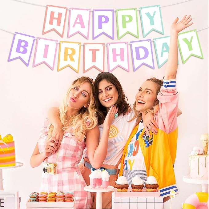 Happy Birthday Banner 8ft Pastel Macaron Party Decorations, Easy Assembly Birthday Sign Garland Kit for Women Girls Kids, Hanging Bunting Banner for Wall Door Celebration Decor