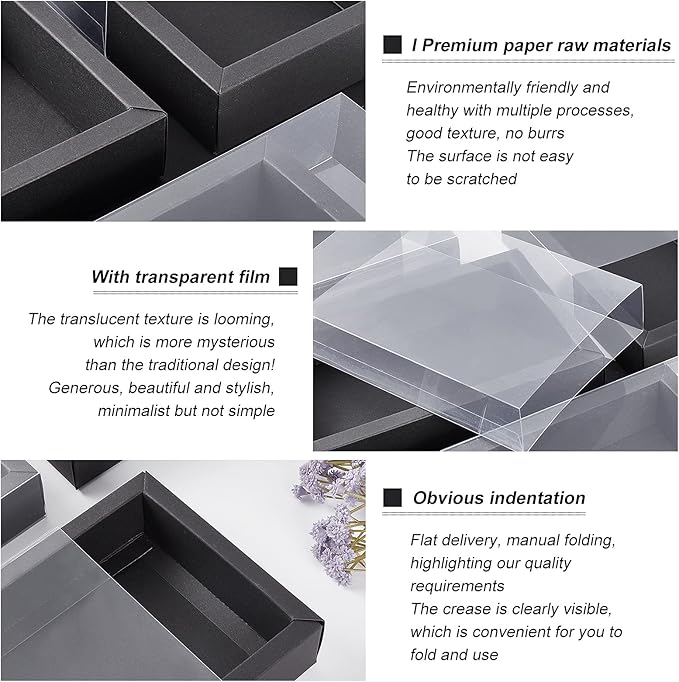 BENECREAT 12 Pack Black Drawer Kraft Boxes with PVC Plastic Window 7.3x5x1.4 Rectangle Paper Gift Boxes for Wedding Party Favor, Candy Jewelry, Gift Packaging