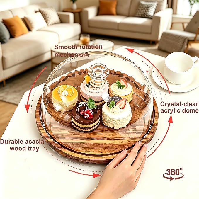 Rotating Acacia Wood Cake Stand with Dome Lid 11 inch Round Wooden Cake Display Plate with Cover for Wedding Birthday Party Kitchen Baking Gifts