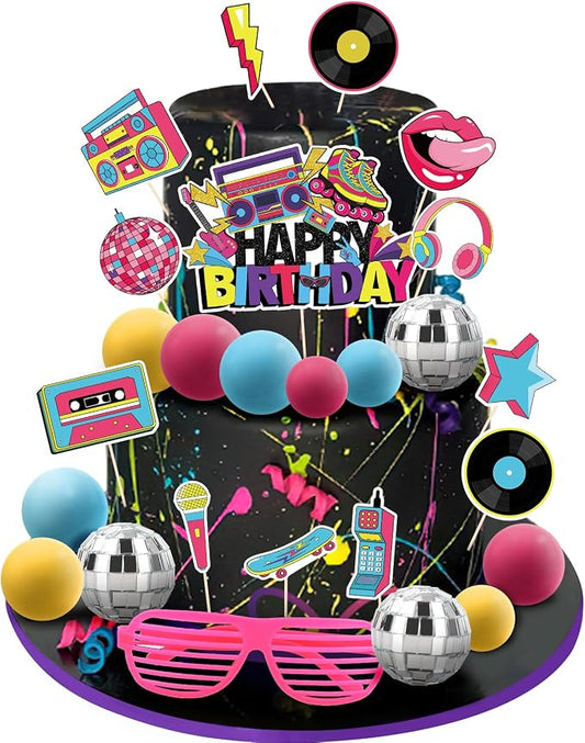 Hooqict 26 PCS 80s Cake Decorations 80s 90s Cake Toppers Retro 1980s Hip Hop Cake Decorations with Glitter Balls Cupcake Toppers for Neon Throwback Birthday Party Supplies
