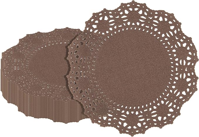 Restaurantware-Pastry Tek 4 x 4 Inch Paper Lace Doilies, 100 Round Disposable Table Doilies - Elegant Lace Finish, Long Lasting, Brown Paper Lace Doilies, for Pastries, Cupcakes, Desserts