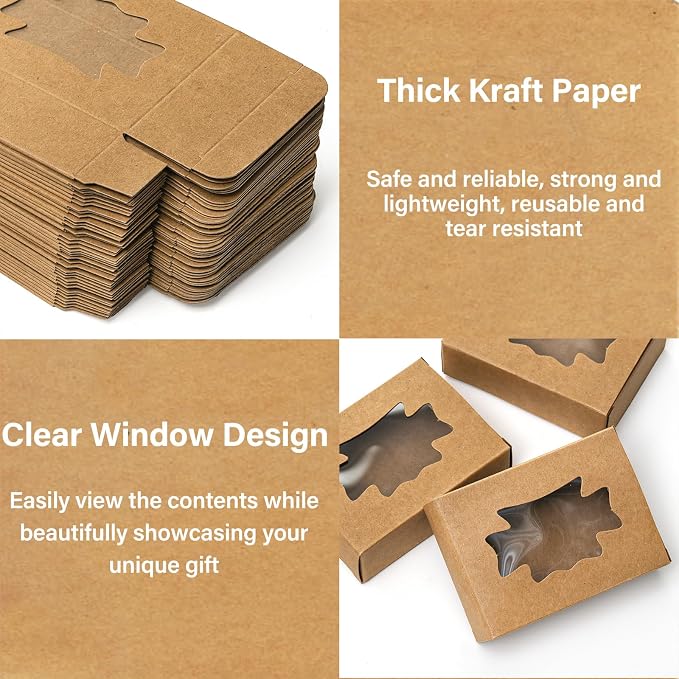 WRINGKIT 100 Pack Soap Boxes with Window, Kraft Paper Treat Cookies Boxes, Rectangle Small Soap Gift Wrappers Packaging Box, Soap Making Supplies for Bakery, Chocolate, Sweet, Jewelry Display