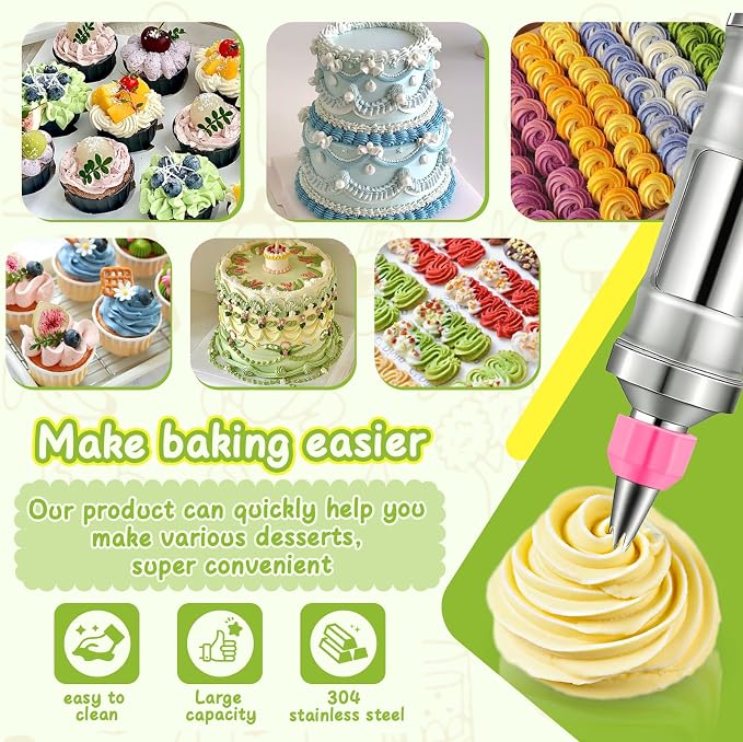 NOVANO Dessert Decorating Syringe Set, Frosting Piping Kit | Stainless Steel, 54 Piping Tips, 9 Silicone Cupcakes, Cake Decorating Kit, Cupcake Decorating Kit