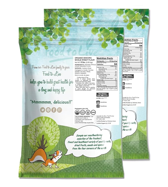 Food to Live Organic Einkorn Whole Wheat Flour, 16 Pounds – Finely Milled, Rich Fiber, Great for Baking Bread, Pizza, Pancakes, Muffins, USDA Certified, Non-GMO, Raw, Vegan, Kosher, Bulk