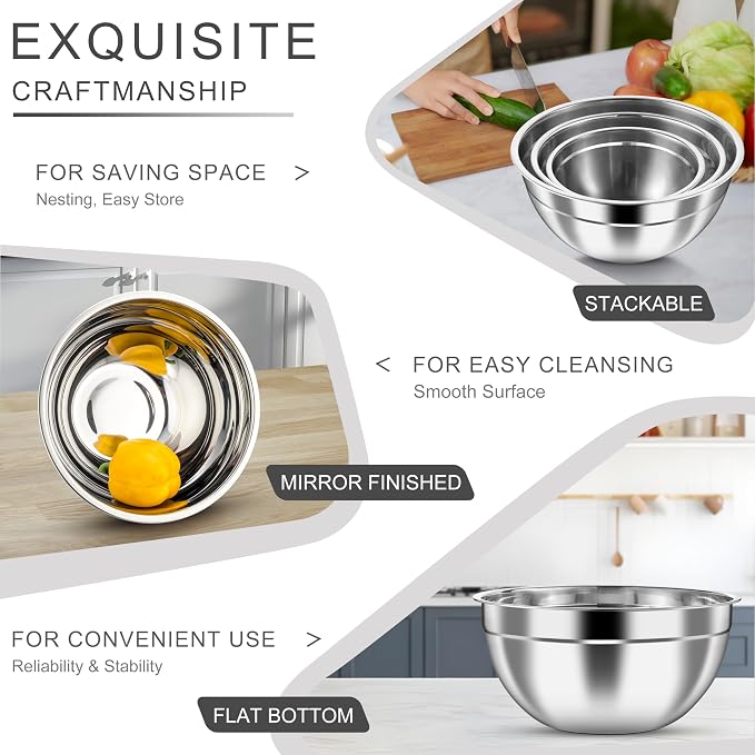 HaWare Mixing Bowls with Airtight Lids, 6-Piece Stainless Steel Salad Bowls, Strong Nesting Bowls for Cooking, Prepping, Baking, Serving & Food Storage, Stackable Design, Size 4.6, 3, 1.5QT, Black