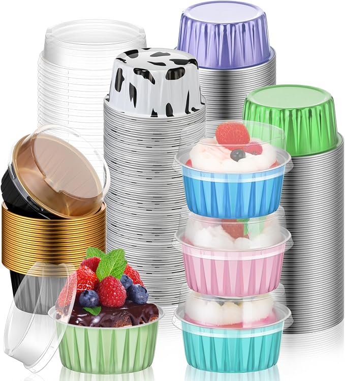 Eaasty 120 Pcs Aluminum Foil Baking Cups Mini Cake Pans with Lids 5 oz Cupcake Liners Disposable Muffin Tins Wrappers Baking Foil Ramekins Pans Aluminum Cupcake Cups for Birthday Party (Bright Color)