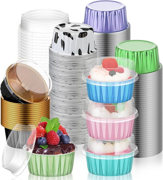Eaasty 120 Pcs Aluminum Foil Baking Cups Mini Cake Pans with Lids 5 oz Cupcake Liners Disposable Muffin Tins Wrappers Baking Foil Ramekins Pans Aluminum Cupcake Cups for Birthday Party (Bright Color)