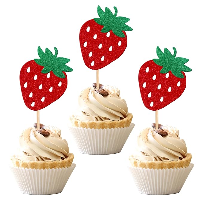24 PCS Strawberry Cupcake Toppers Red Glitter Fruit Theme Berry Strawberry Cupcake Picks for Summer Sweet Fruit Baby Shower Kids Birthday Party Cake Decorations Supplies Red
