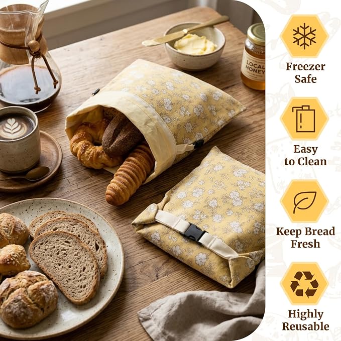 2 Pack Reusable Beeswax Bread Bags for Sourdough,Natural Linen Beeswax Bread Bag for Homemade Bread,Eco-Frendly Food Storage Cloth Bag to Keep Loaf Fresh.(Yellow)