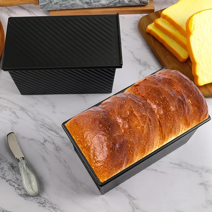 Pullman Loaf Pan With Lid - Bread Pans For Homemade Bread - 1lb Non-Stick Loaf Baking Pans - Carbon Steel Toast Box With Oven Mitts（Set Of 2）