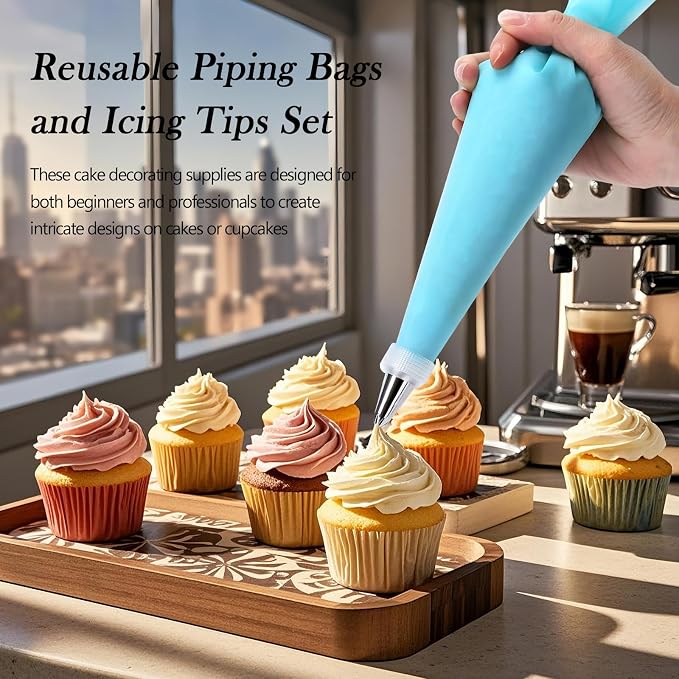 Cake Decorating Kit with Piping Bags and Tips Set | 2 Reusable Piping Bags, 24 Icing Tips, 2 Couplers, 3 Scrapers, 2 Silicone Rings