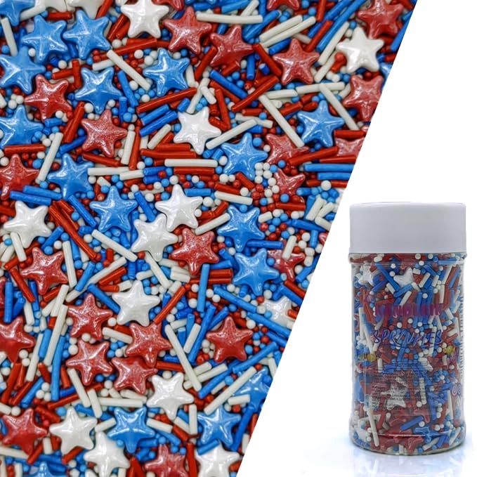 Patriotic Mixed Red & Blue & White Pearls Sprinkles Edible Stars Cake Decorating Stars Cake Decorations Cupcake Toppers Cookie Decorating Perfect for Cakes,Cupcakes,Desserts Toppings 3OZ
