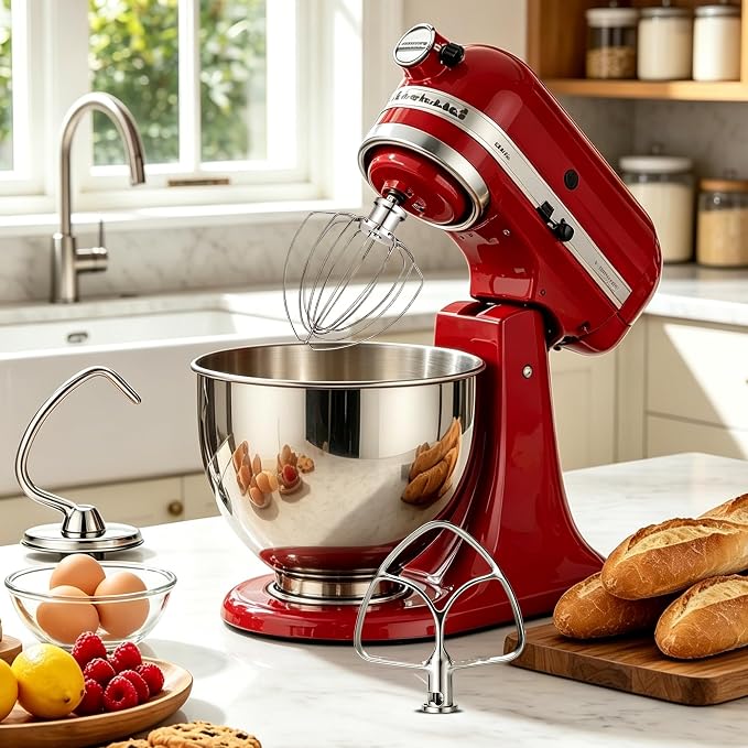 Stainless Steel Mixer Accessories Compatible with KitchenAid 4.5-5 Qt Tilt-Head, Heavy Duty Flat Beater, Dough Hook & 6 Wire Whisk, Fits KSM150, KSM45, KSM90, Dishwasher Safe Replacement Parts