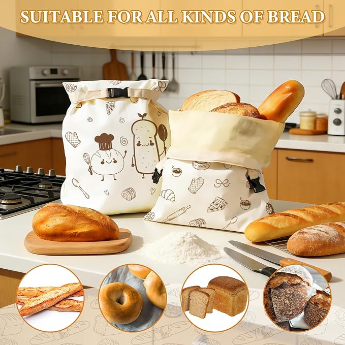 2 Pack Beeswax Bread Bags for Homemade Bread Sourdough, 17x13 Inch Reusable Linen Beeswax Bread Bag with Buckle to Keeps Bread Freshness for Food Storage(Cartoon Bread)