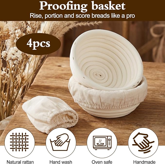 Mini Sourdough Basket Set of 4 Banneton Bread Proofing Basket 5 Inch Round Small Proofing Baskets with Cloth Liner, Rattan Baking Supplies for Artisan Bread