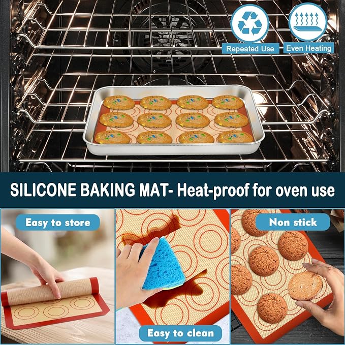 P&P CHEF 10.4 Inch Baking Oven Sheet Pan with Rack & Mat for Cookie, Stainless Steel Oven Sheet Tray Cooling Rack and Silicone Mat for Baking & Roasting, Dishwasher Safe & Healthy, 3Pcs