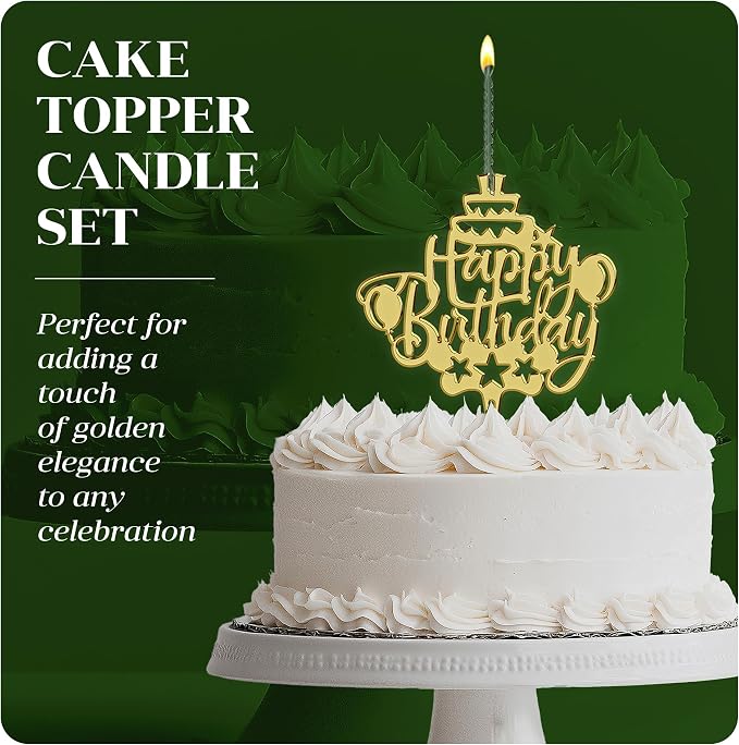 Happy Birthday Cake Topper Candle for Birthday Party Decorations, Acrylic Golden, 2 Wicks, 3 pcs.