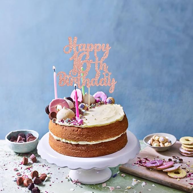 Gyufise 1Pc Happy 16th Birthday Cake Topper Rose Gold Glitter 16 & Fabulous Sweet 16 Birthday Cake Pick for Celebrating 16th Birthday Anniversary Party Cake Decorations Supplies