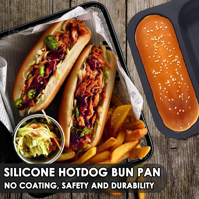 Silicone Hotdog Bun Pan, 6 Inch Standard Hot dog Bun Mold, 4 Cup Non-stick Homemade Hotdog Bun Baking Pans, Mini Baguette Pans, Dishwasher Safe, 1 Pc (Grey)
