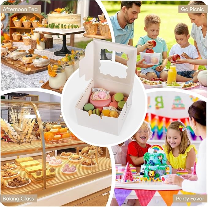 20 Pack Cookie Boxes with Window, 4x4x2.5 Inch White Bakery Box, Kraft Paper Treat Boxes for Pastries, Cookies, Pie, Donuts, Macaron, Strawberry Boxes