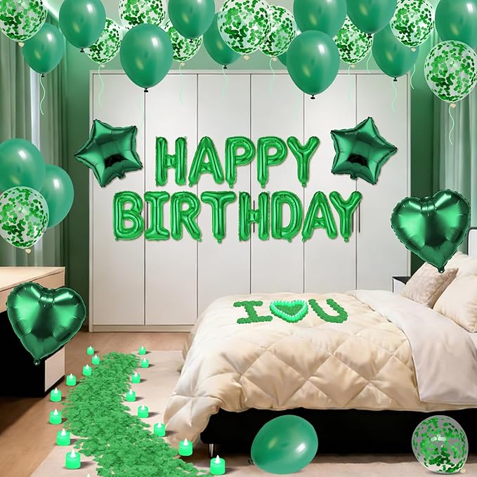 Green Happy Birthday Balloons Decorations Green Birthday Balloon Letters Banner with Star Heart Balloons 1000 Pcs Artificial Rose Petals 24 Flameless LED Candles for Hotel Birthday Party Supplies