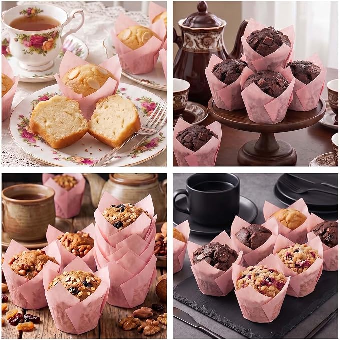 200 Pcs Pink Tulip Cupcake Liners for Baking, Standard Size | Standard Greaseproof Tulip Muffin Liners for Baking, 3oz Pink Paper Cupcake Wrappers for Party Wedding Birthday