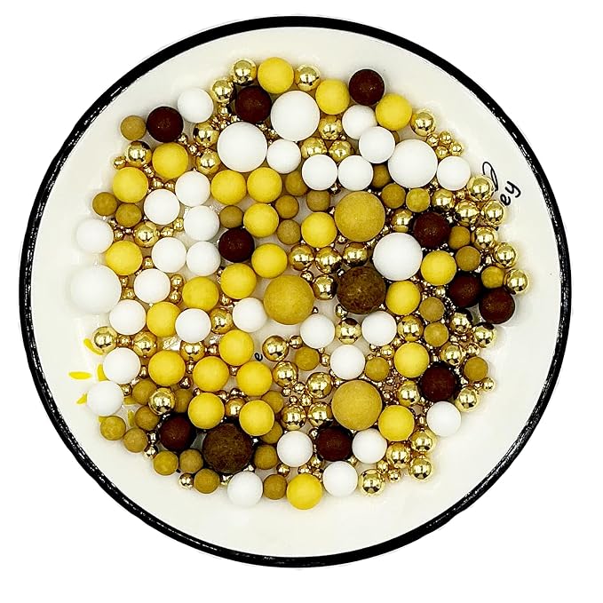 Edible Yellow Brown White and Gold Pearl Sprinkles 142g/ 5.01oz Mixed Color Size Pearl Sprinkles for Cake Decorating Candy Baking Decorations and Cookie Decorating for Wedding Parties Christmas