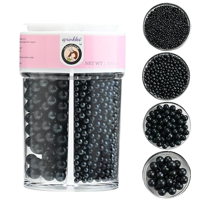 Homankit Edible Black Pearl Sprinkles for Baking, 4 Sizes Mix Sugar Pearls Cake Decorations for Cupcake Toppers Cookie Decorating Birthday Party Wedding Halloween Christmas Supplies