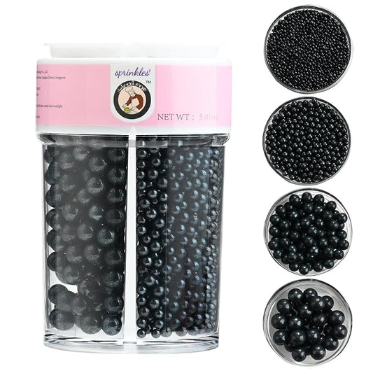 Homankit Edible Black Pearl Sprinkles for Baking, 4 Sizes Mix Sugar Pearls Cake Decorations for Cupcake Toppers Cookie Decorating Birthday Party Wedding Halloween Christmas Supplies