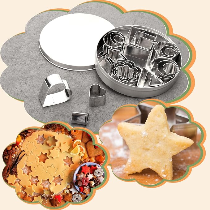 ofone Small Cookie Cutters Geometric Shapes Set, 24 Mini Fondant Cutter - Star Heart Flower Square Triangle Oval Circle Hexagon, Tiny Stainless Steel Biscuit Molds for Baking Dough Pastry Clay Fruit