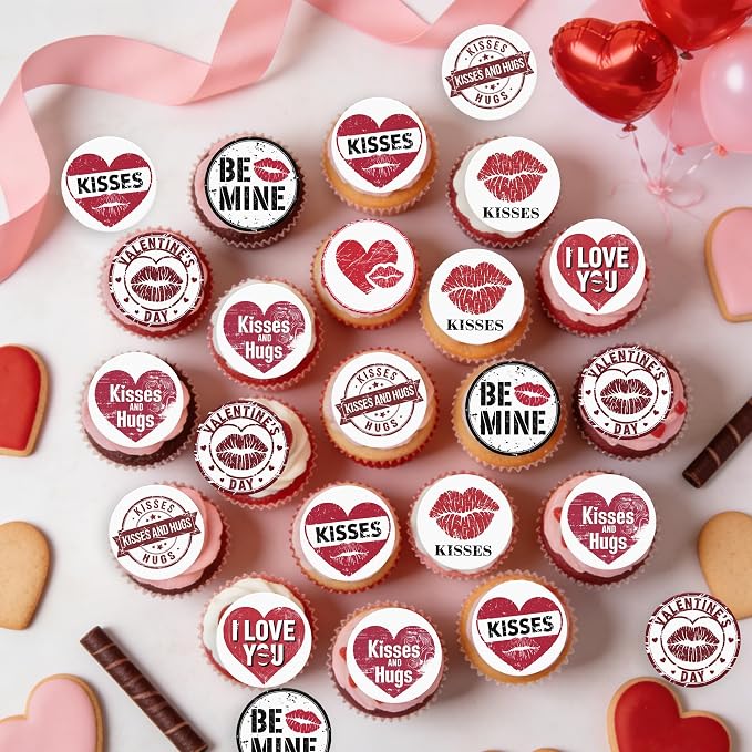 36PCS Edible Be Mine Cupcake Toppers Wafer Paper Kisses and Hugs Cupcake Picks Heart Lips Print Cake Decor for Valentine's Day Theme Wedding Engagement Party Supplies