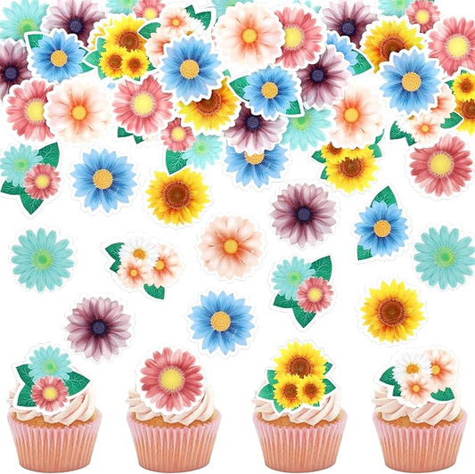 50Pcs Edible Colorful Sunflowers Cupcake Toppers Sunflower Blossoms Cupcake Picks for Sunflower Baby Shower Floral Bridal Shower Engagement Floral Wedding Baby Girls Birthday Cupcake Decorations