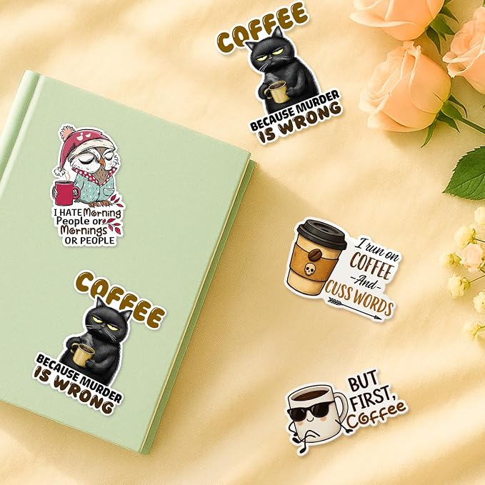 (4 Pcs) Coffee Stickers - Funny Coffee Stickers for Water Bottles, Cars, Laptop, Scrapbook - Coffee Sticker for Coffee Lovers, Espresso Lovers, Women, Men