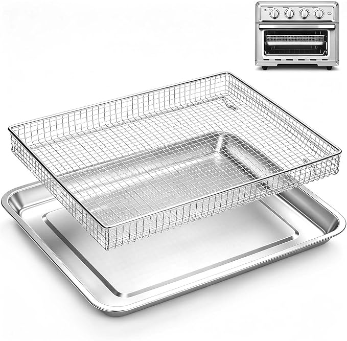 2Pcs Steel Air Fryer Tray Replacement for Cuisinar TOA-060/065 Toaster Oven | 12.4"x11" Basket and Tray Baking Sheet Pan Convection Oven Accessories Parts for Baking & Cookie Sheets/Broiling, Non‑Stick