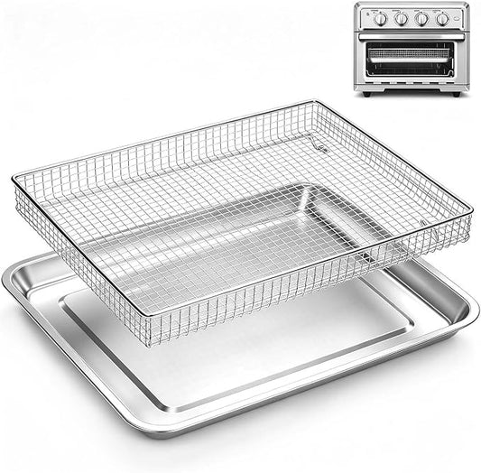 2Pcs Steel Air Fryer Tray Replacement for Cuisinar TOA-060/065 Toaster Oven | 12.4"x11" Basket and Tray Baking Sheet Pan Convection Oven Accessories Parts for Baking & Cookie Sheets/Broiling, Non‑Stick
