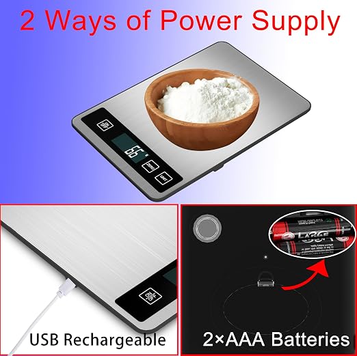 33lb/15kg Digital Kitchen Scale, Food Scale, High Capacity Weight Grams and Ounces for Baking Cooking and Meal Prep, 6 Units with Tare Function, LCD Display, Type-C Charging USB Rechargeable