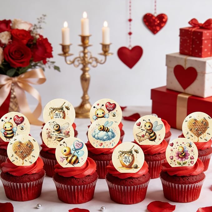 36PCS Edible Bee My Valentine Cupcake Toppers Wafer Paper Honey Bee Love You Cupcake Picks Bee Mine Cake Decor for Valentine's Day Theme Engagement Party Decor Supplies