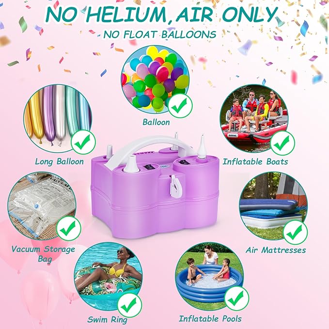 AGPTEK Electric Air Balloon Pump, 110V 600W Rose Red Portable Dual Nozzle Inflator/Blower for Party Decoration