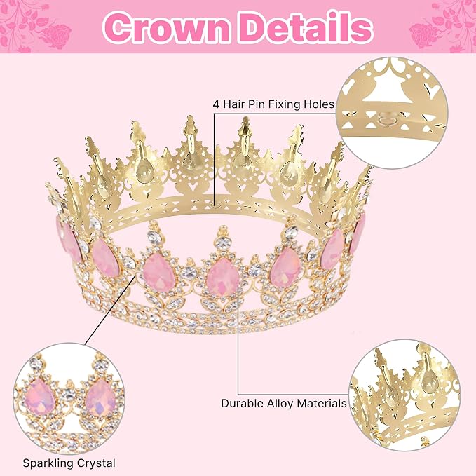 Crown Cake Topper, Pink & Gold Crown Balls Happy Birthday Cake Toppers Birthday Candles Butterfly, Corona Para Pastel, Crown Cake Decorations for Women Queen Princess (Gold, Jelly Pink)