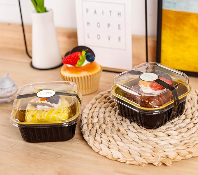 NPLUX 50 Pcs Mini Square Baking Cups with Lids and Spoons Aluminum Foil Mini Cake Pans with Lids Disposable Ramekins Cake Pans Dessert Cups for Wedding, Graduation Gifts Party Favors(Black Gold,5oz)