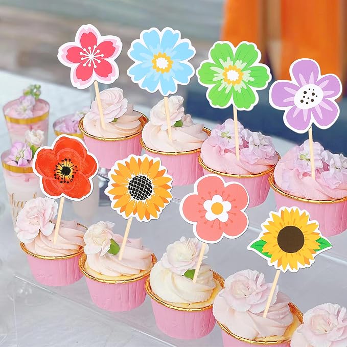 40 PCS Summer Flowers Cupcake Toppers Double Sided Colorful Sunflower Cupcake Picks Daisy Flower Cake Decorations for Summer Haiwaii Theme Baby Shower Wedding Birthday Party Supplies